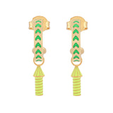 image of rocket enamel earrings in green and neon yellow and gold on a white background