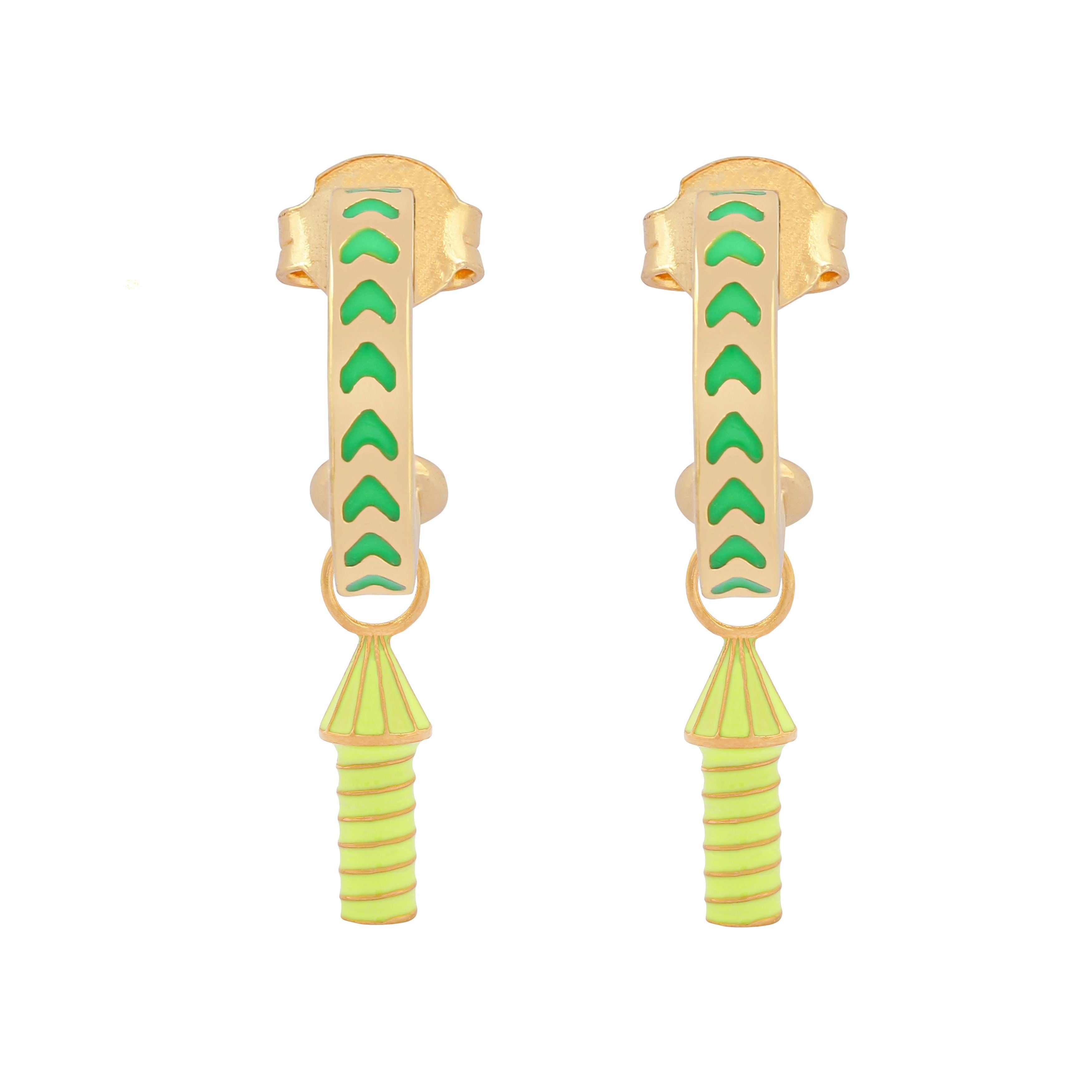 image of rocket enamel earrings in green and neon yellow and gold on a white background