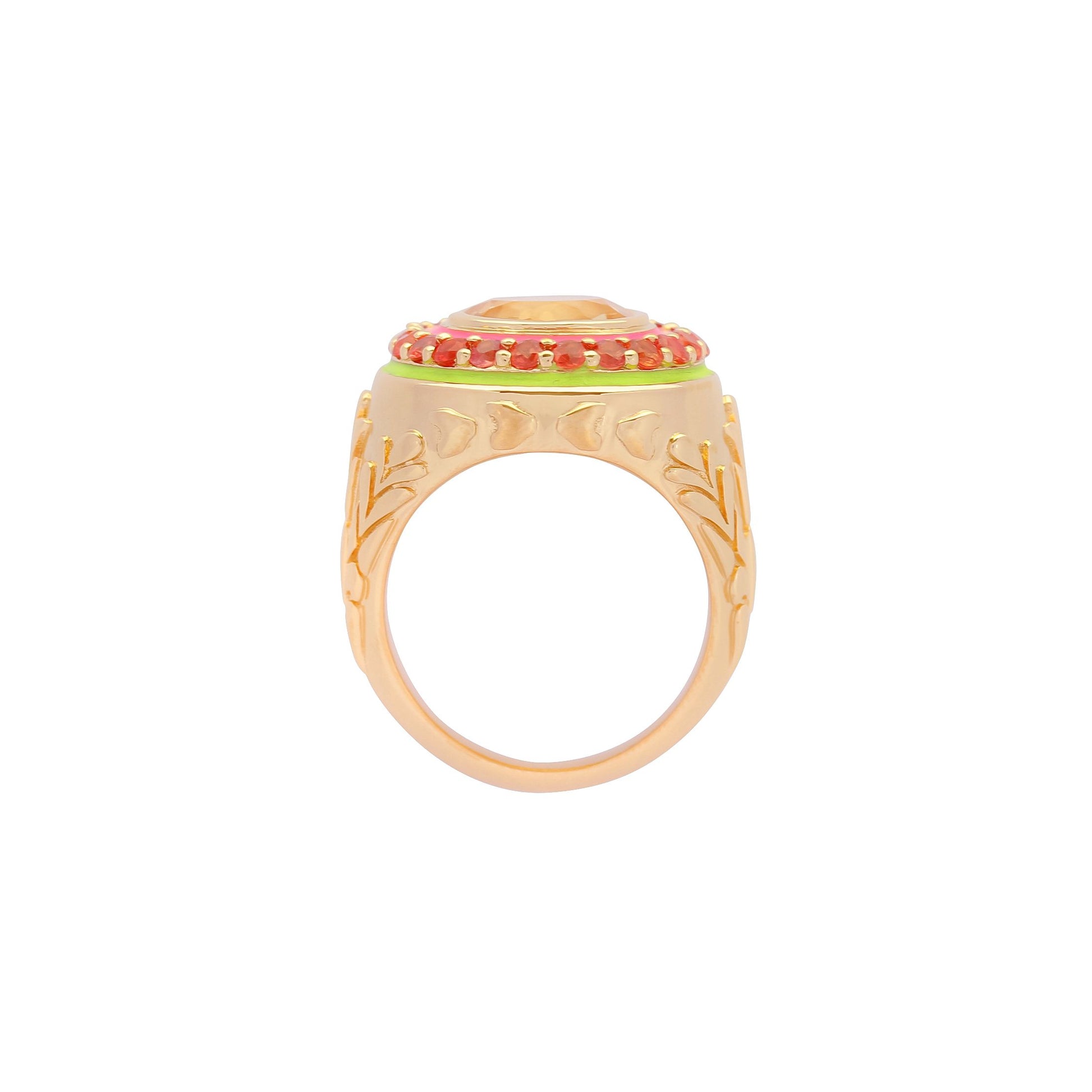 image of statement ring in orange view flat lying from above on white background 