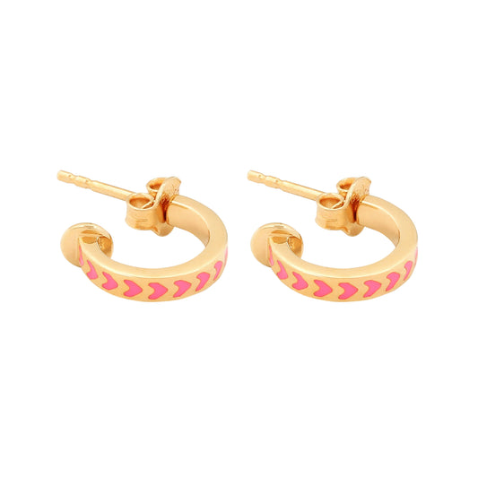 image of spark hoop enamel earrings in pink and gold on white background