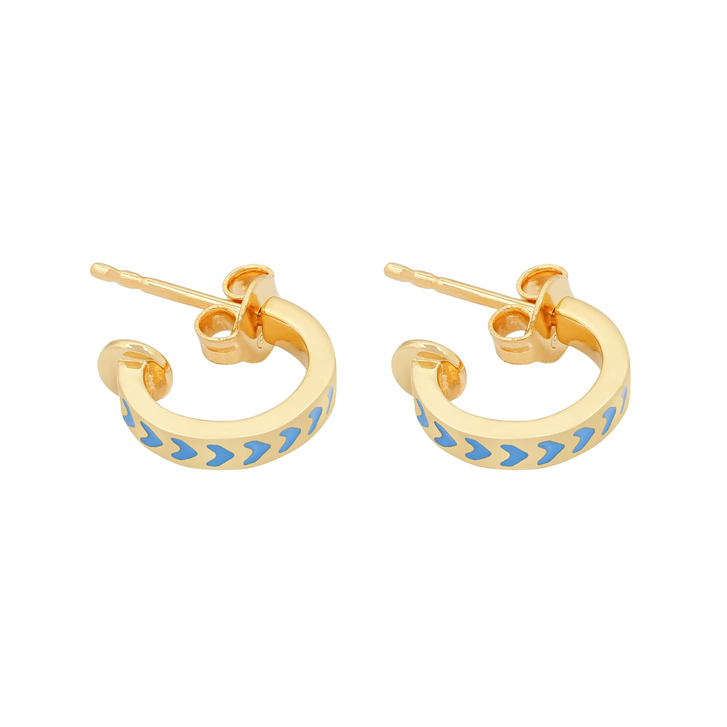 image of spark hoop enamel earrings in blue and gold on white background