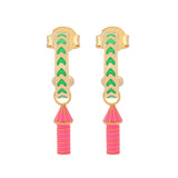 image of rocket enamel earrings in green and pink and gold on white background