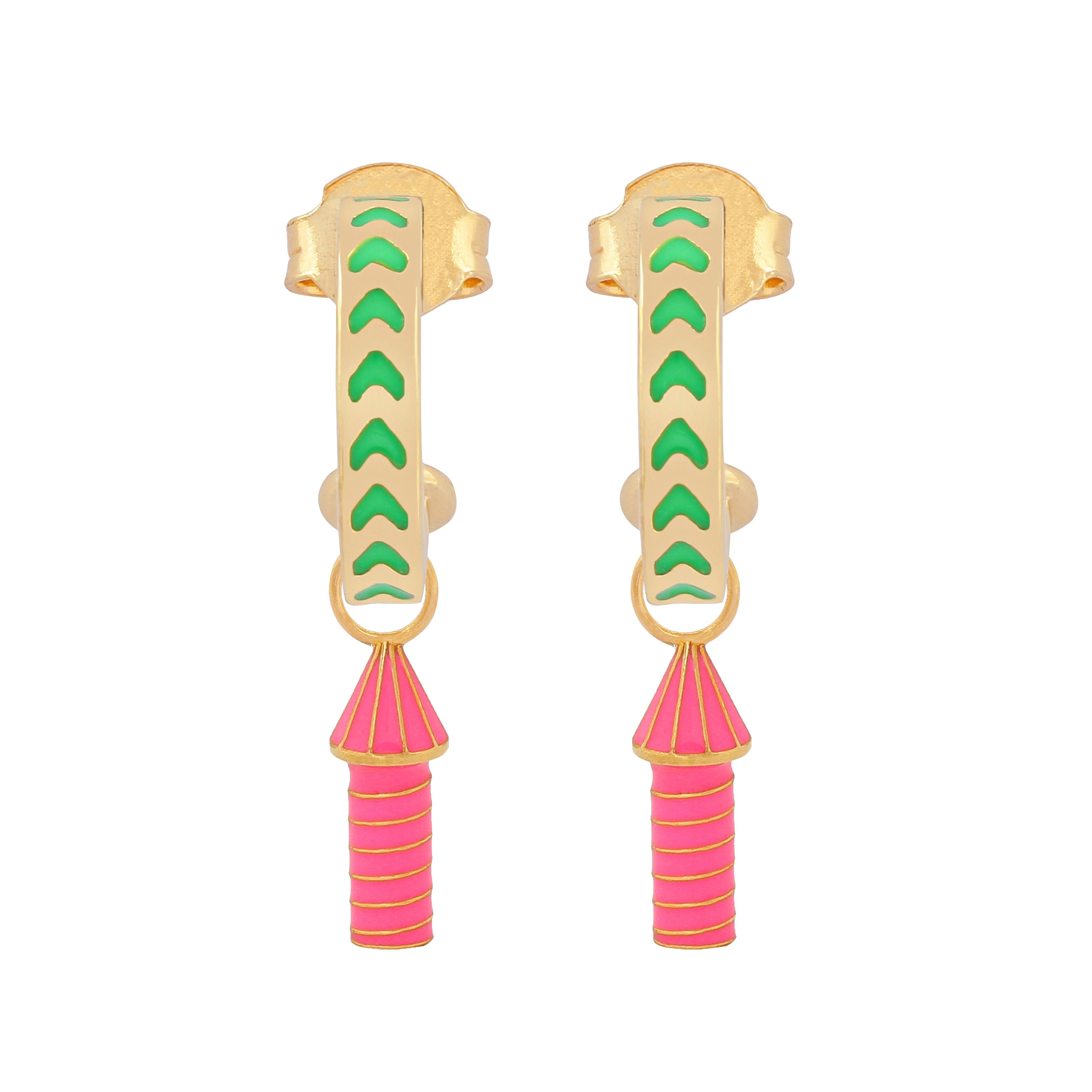 image of rocket enamel earrings in green and pink and gold on white background