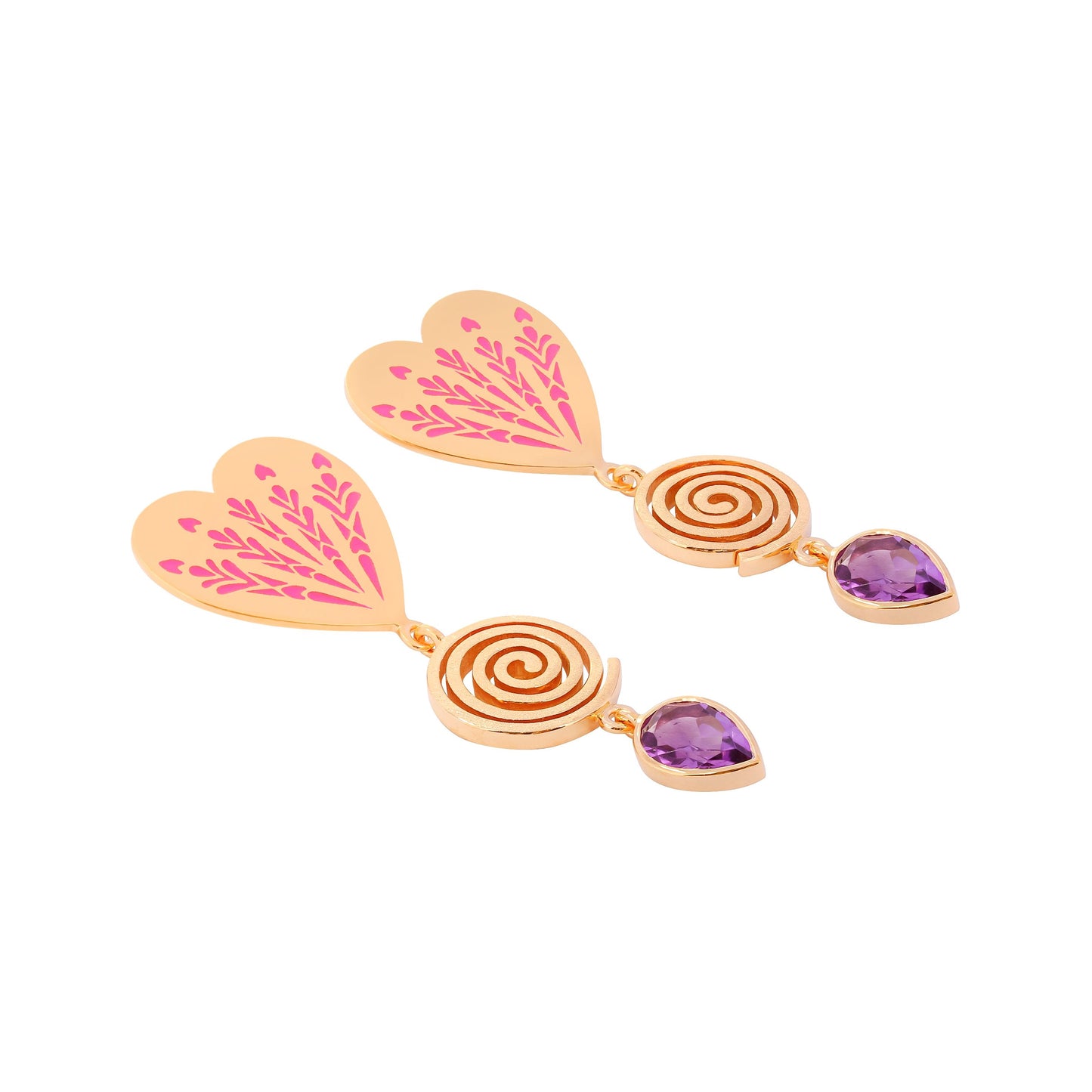 image of firework heart earrings in pink, purple and gold lying down on white background