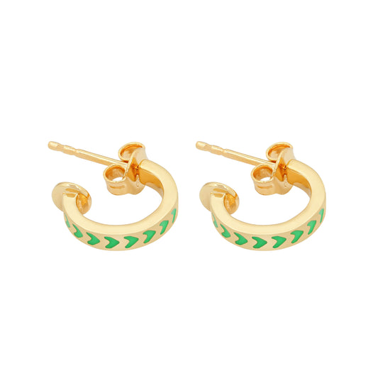 image of spark hoop enamel earrings in green and gold on white background