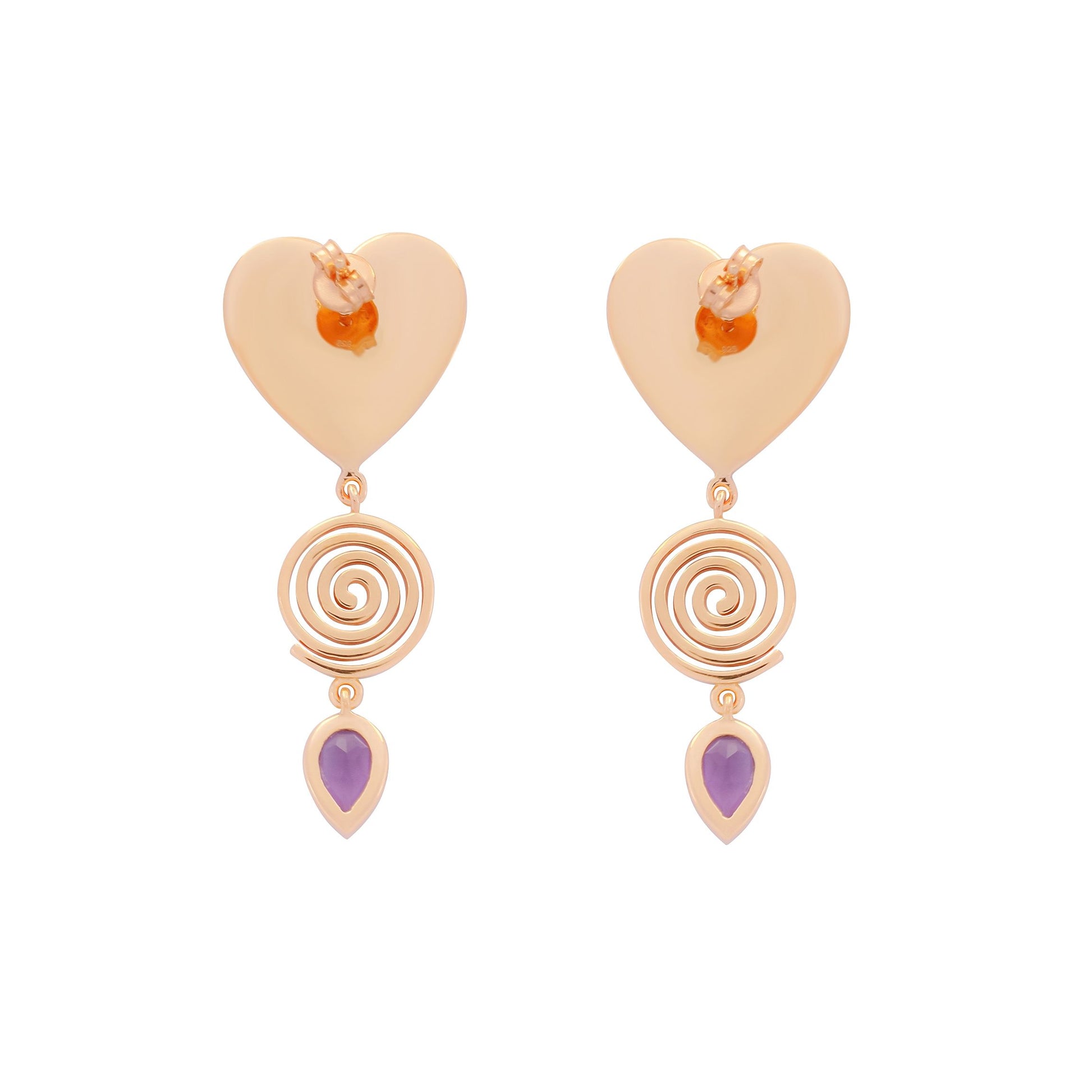 image of firework heart earrings in pink, purple and gold, view of back on white background