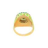 image of firework statment ring in green and gold from behind showing reverse of top on a white background