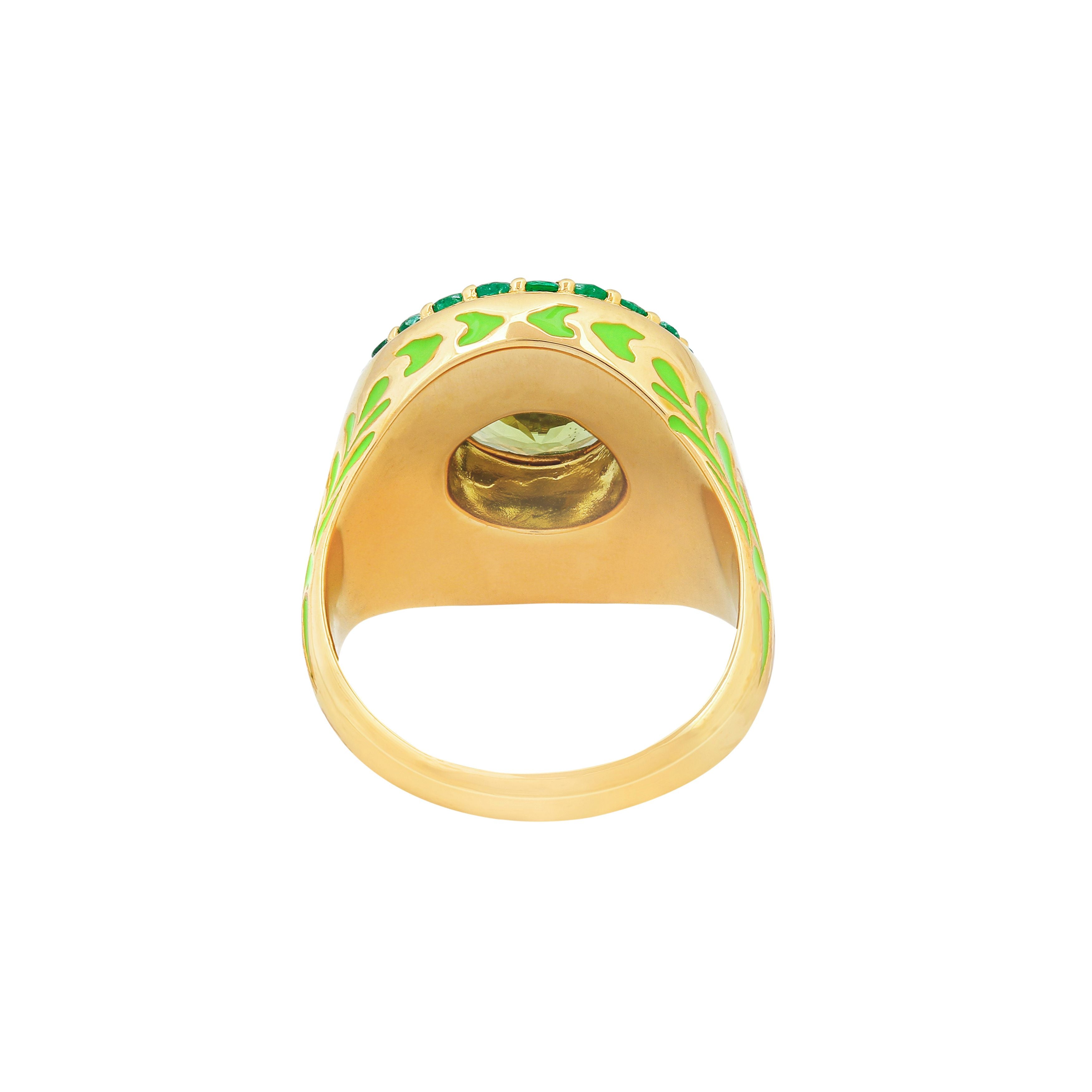 image of firework statment ring in green and gold from behind showing reverse of top on a white background
