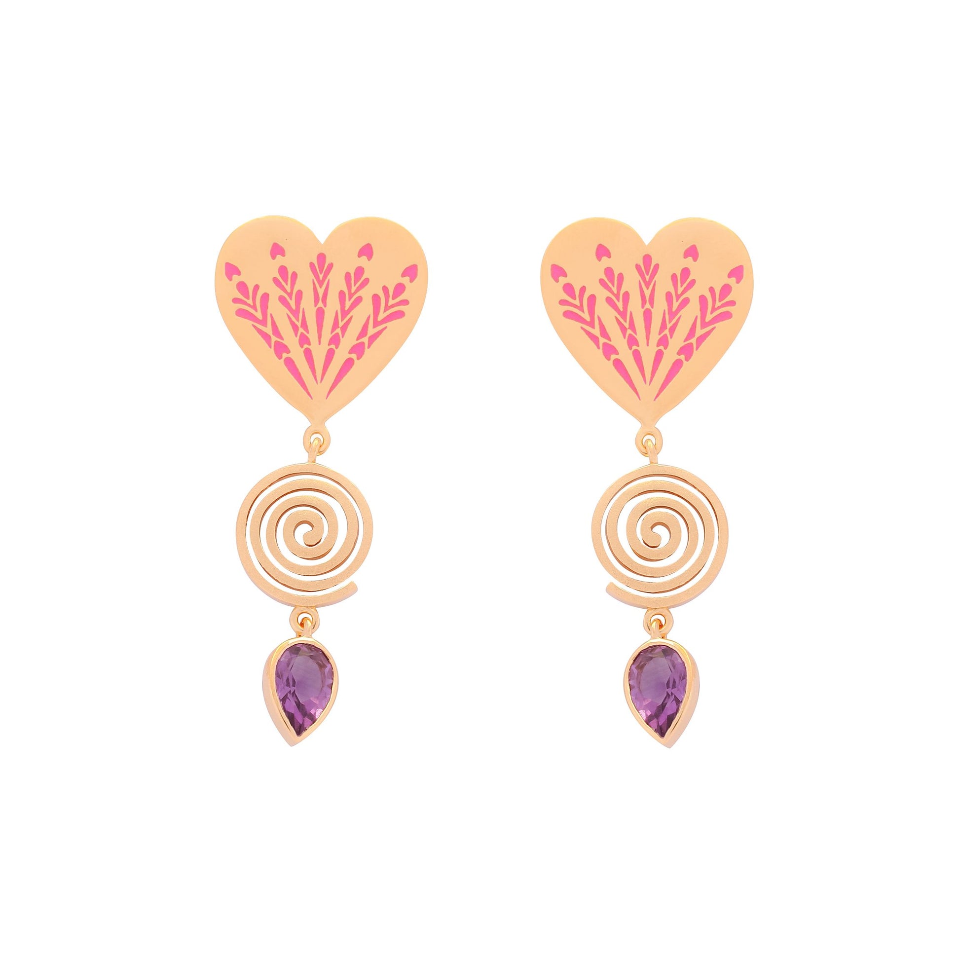 image of firework heart earrings in pink, purple and gold face forward flat on white background