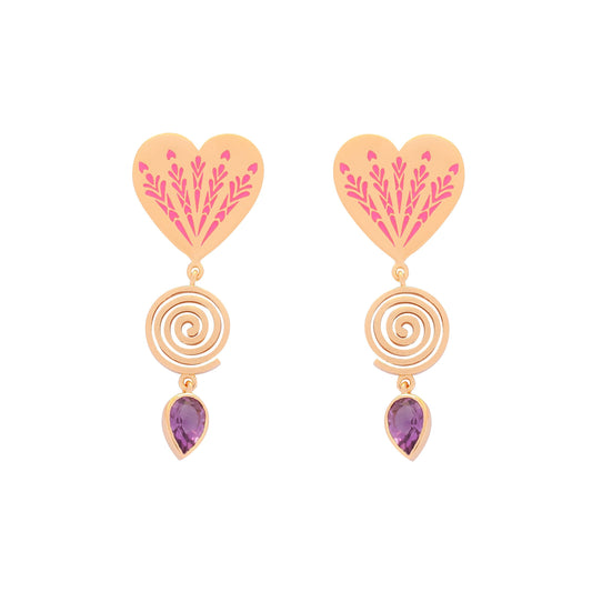 image of firework heart earrings in pink, purple and gold face forward flat on white background