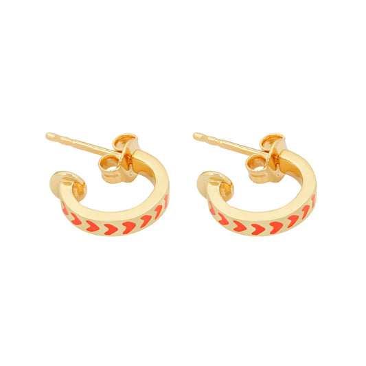 image of spark hoop enamel earrings in orange and gold on white background