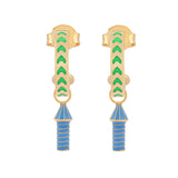 image of rocket enamel earrings in green and blue and gold on white background
