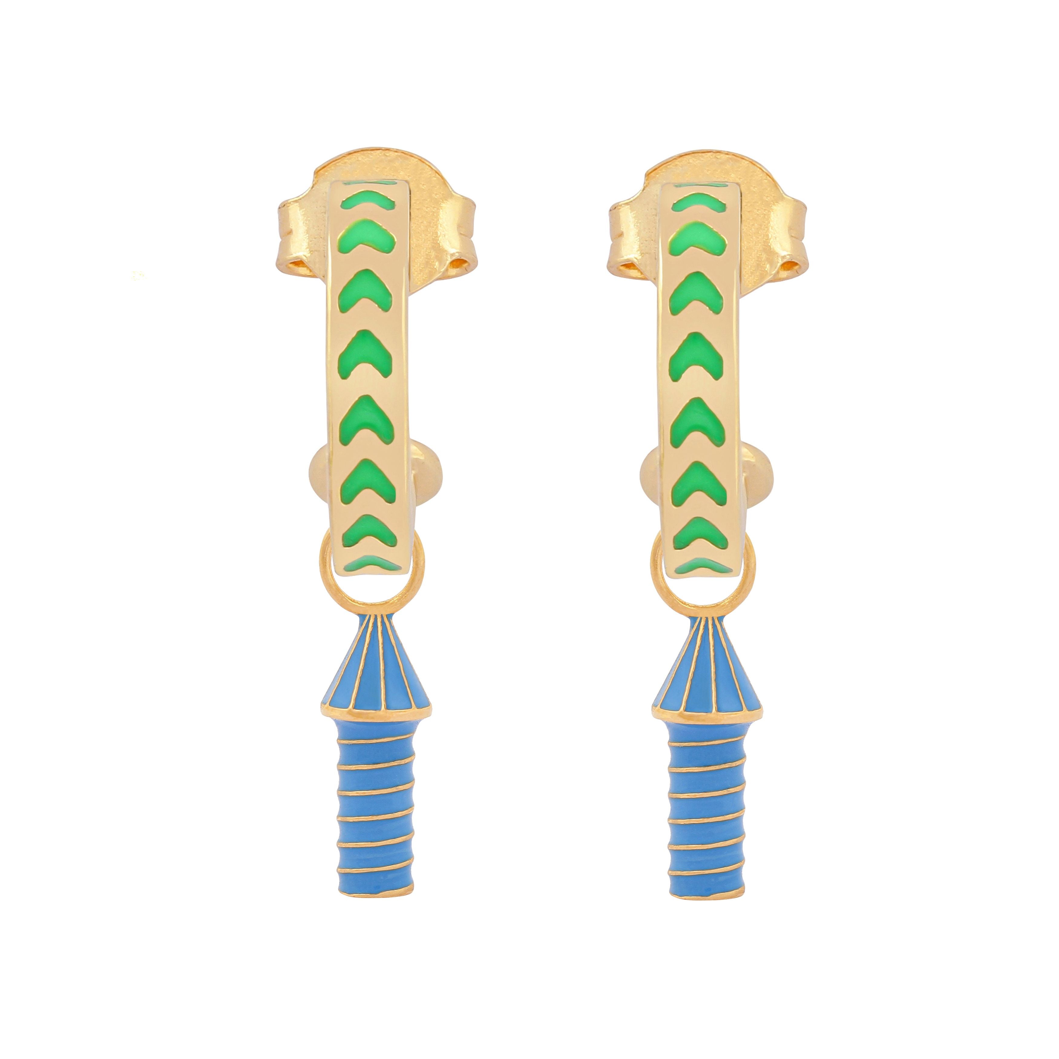 image of rocket enamel earrings in green and blue and gold on white background