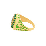 image of firework statement ring in green and gold, side view of enamel on a white background