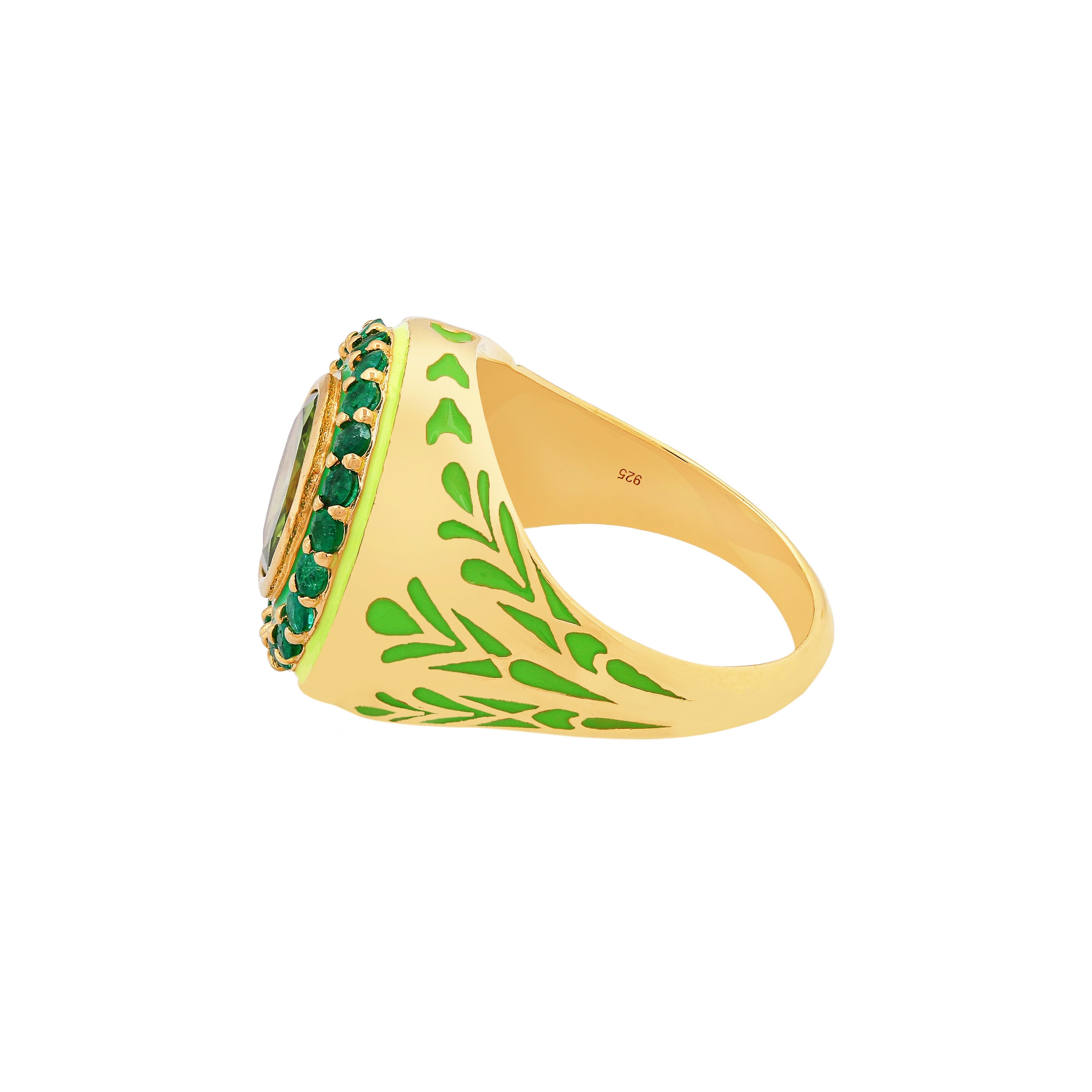 image of firework statement ring in green and gold, side view of enamel on a white background