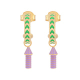 image of rocket enamel earrings in green and purple and gold on white background