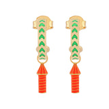 image of rocket enamel hoops in green and orange and gold on white background