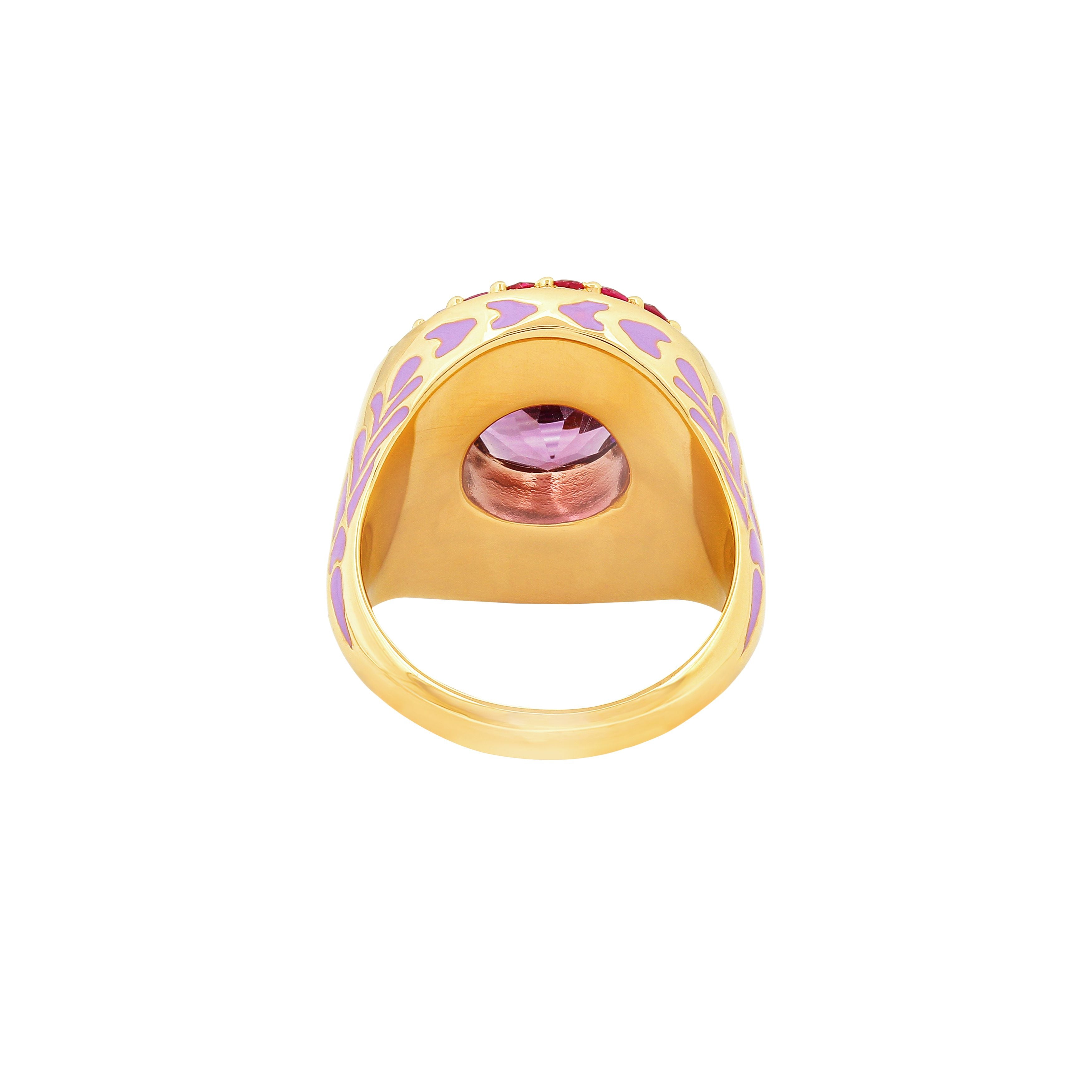 image of firework statement ring in pink, purple and gold. Reverse view on white background