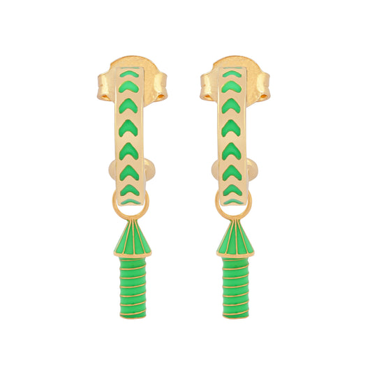 image of rocket enamel earrings in green and gold on white background