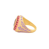 image of firework statement ring in pink, purple and gold. Side facing on white background