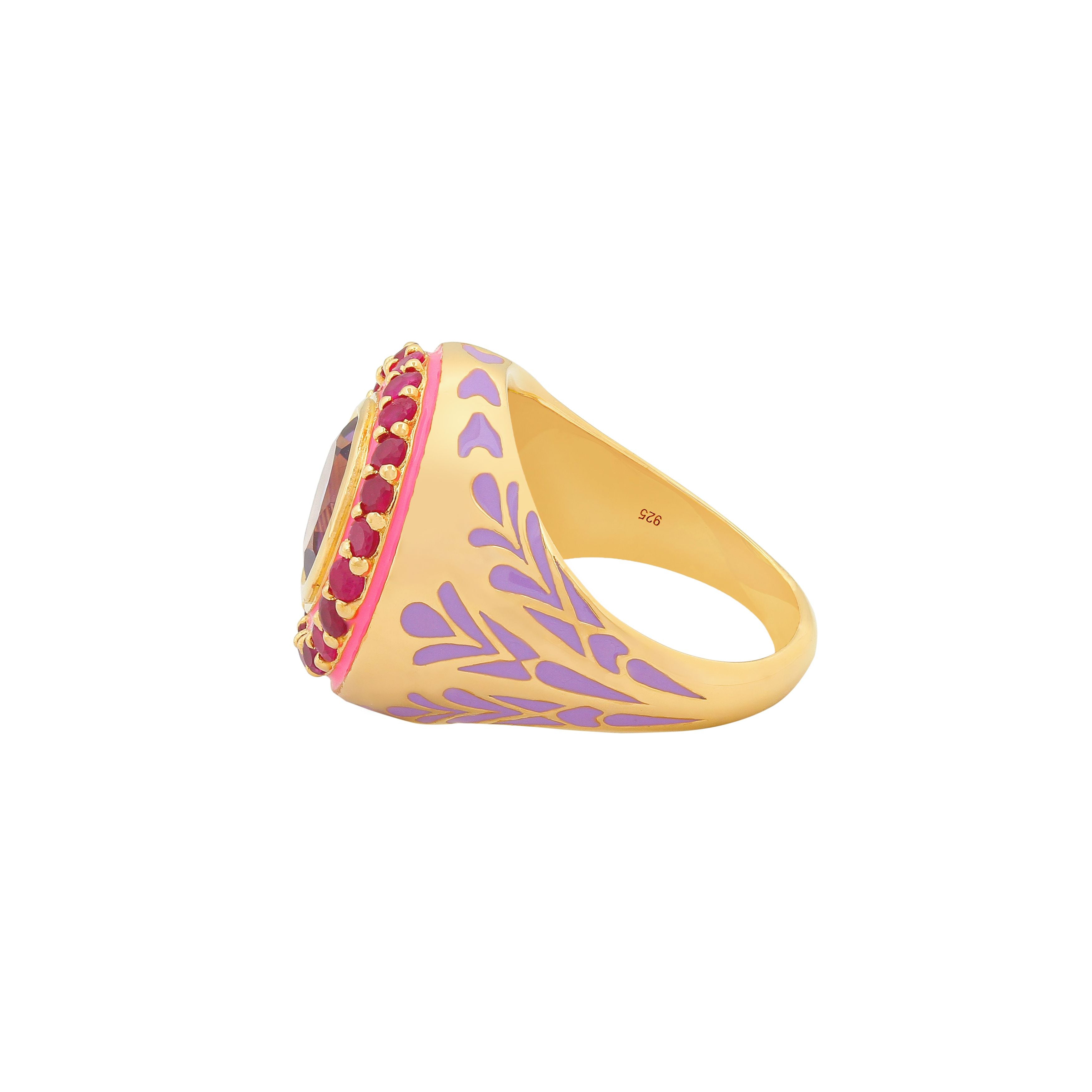 image of firework statement ring in pink, purple and gold. Side facing on white background
