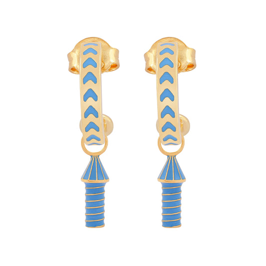 image of rocket enamel earrings in blue and gold on white background