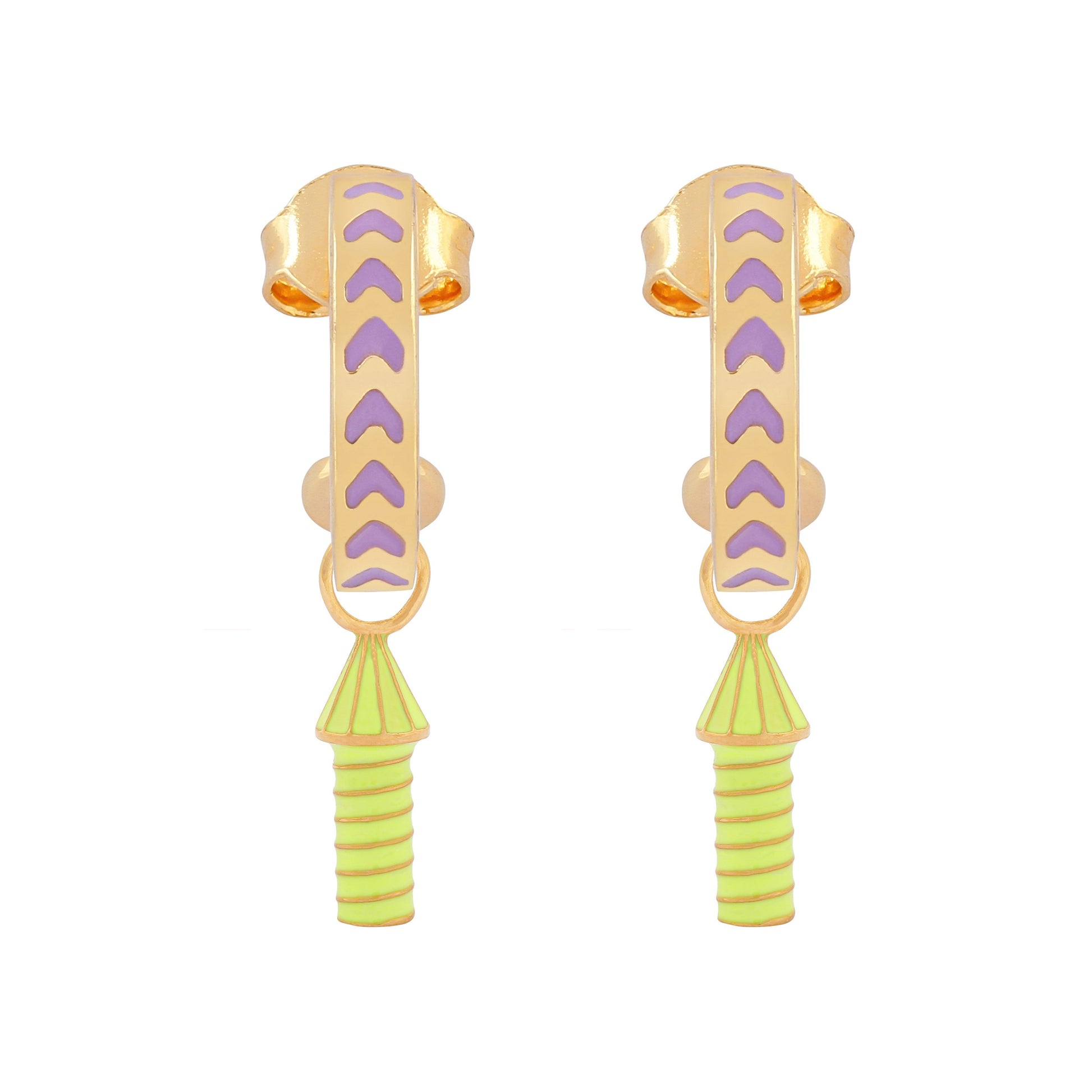 image of rocket enamel earrings in purple, neon yellow and gold on white background