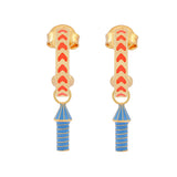 image of rocket enamel earrings in orange and blue and gold on white background