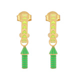 image of rocket enamel earrings in neon yellow, green and gold on white background