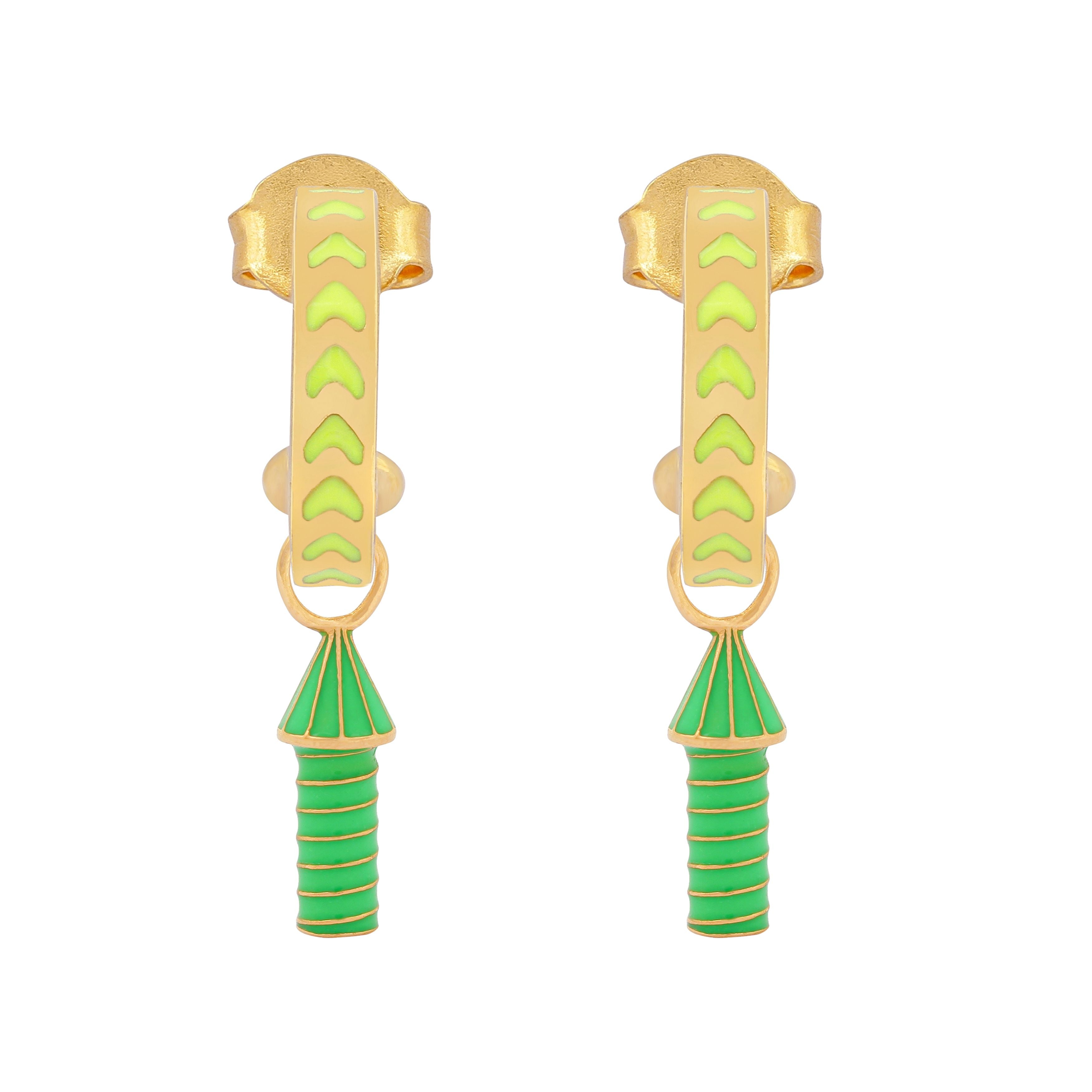 image of rocket enamel earrings in neon yellow, green and gold on white background