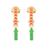 image of rocket enamel earrings in orange and green and gold on white background