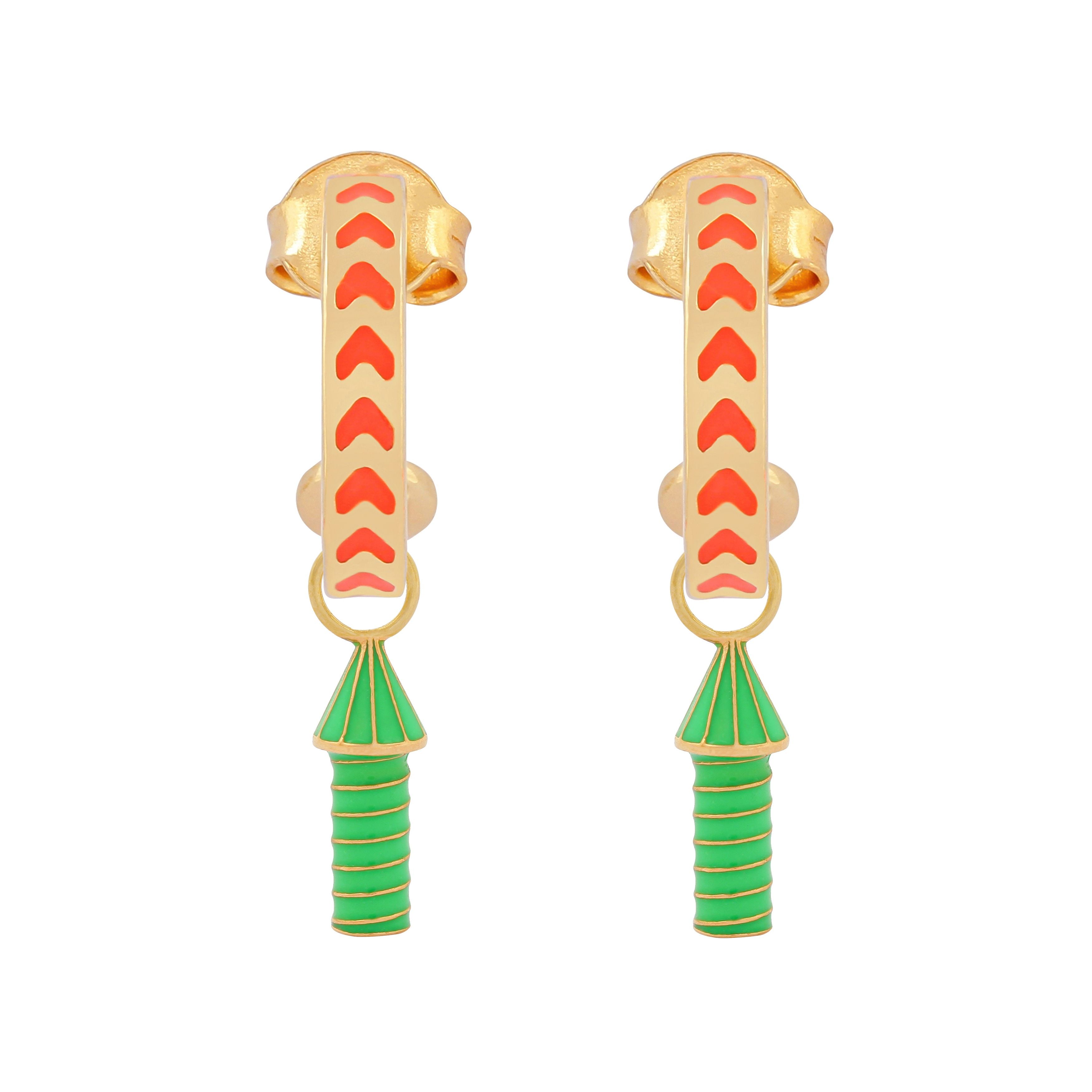 image of rocket enamel earrings in orange and green and gold on white background
