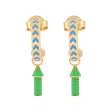 image of rocket enamel earrings in blue and green and gold on white background
