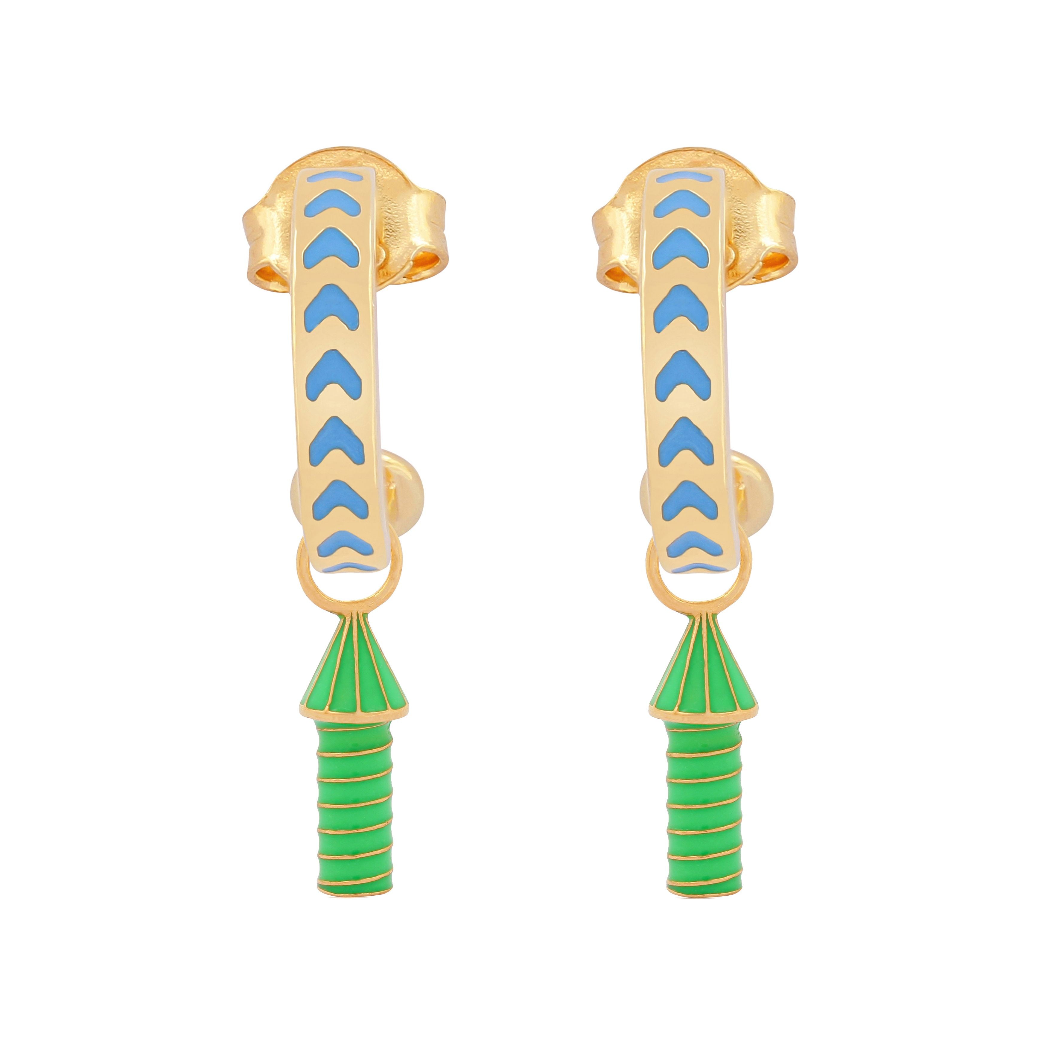 image of rocket enamel earrings in blue and green and gold on white background