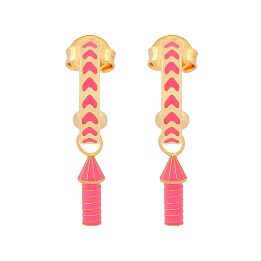 image of rocket enamel earrings in pink and gold on white background